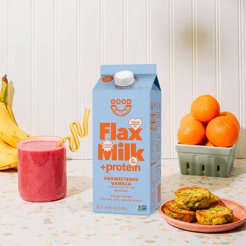 Vista 5 de Good Karma Leche de Lino de Vainilla Sin Azúcar +Proteína, 64 Onzas, 5g Proteína Vegetal + 1200mg Omega-3 Por Porción, Alternativa de Leche No