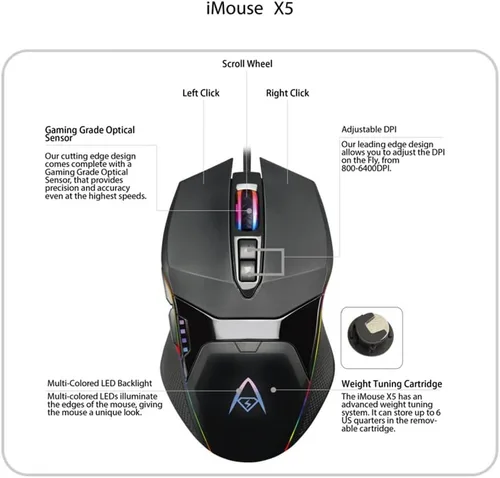 Vista 8 de Adesso iMouse X5 USB RGB iluminado para juegos - 7 botones, peso ajustable, interruptor DPI de 6 niveles hasta 6400, sensor óptico, diseño