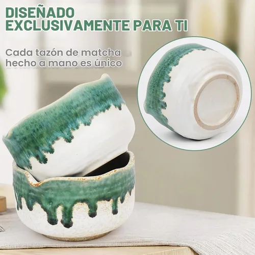 Vista 3 de Pottery Matcha Set – Tazón de té matcha japonés hecho a mano cuenco de esmalte mineral con boquilla, batidor de bambú, cuchara y soporte de Chasen