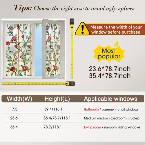 Vista 7 de Windimiley Película decorativa para ventana de vitral, 3D con diseño floral de rosas, película adhesiva estática de privacidad que difunde la luz