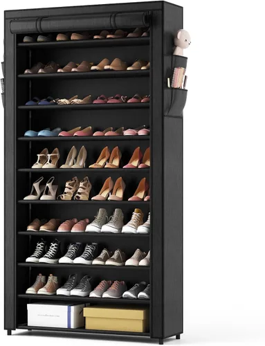 Vista 13 de ROJASOP Zapatero con cubiertas, organizador de zapatos grande de 10 niveles, almacenamiento alto para 20-22 pares de zapatos y botas, organizador