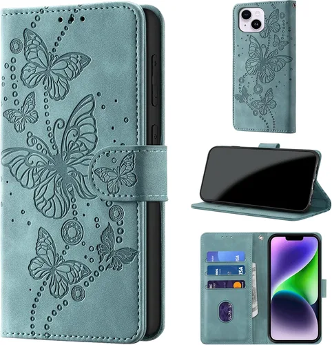 Vista 13 de Funda tipo cartera para iPhone 14 Plus, color borgoña Bloqueo RFID, soporte para 3 tarjetas, carcasa de TPU a prueba de golpes, cierre magnético