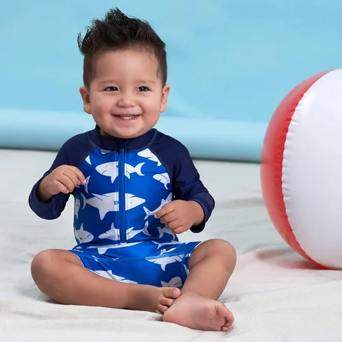 Vista 4 de Gerber Boys' Toddler Long Sleeve One Piece Sun Protection Rashguard Swimsuit