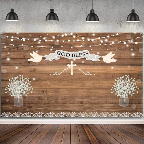 Vista 2 de Leyiyi Telón de fondo de 5 x 3 pies con diseño de cruz de bautismo de comunión con diseño de cruz de madera rústica, fondo de fotografía, flores