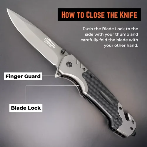 Vista 6 de Tactiko - Cuchillo de bolsillo plegable 4 en 1 para hombre con iniciador de fuego y bolsa de cinturón de cuero, cortador de cinturón de seguridad