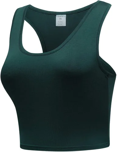 Vista 2 de OThread & Co. Camiseta corta básica para mujer, elástica, casual, cuello redondo, espalda cruzada, deportiva, sin mangas