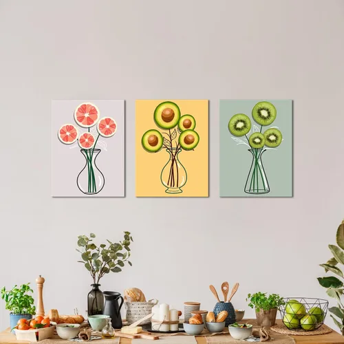 Vista 5 de Biuteawal Lienzo de frutas para pared, kiwis, pomelo en botella, florero, imagen, rosa, amarillo, verde, pintura, naturaleza muerta, obra de arte