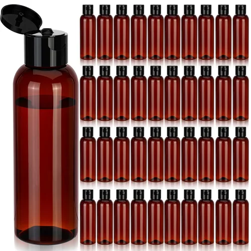 Vista 10 de Mimorou 50 botellas de plástico para apretar con tapa, recipiente recargable ámbar vacío, botella pequeña de aseo de viaje para loción, champú