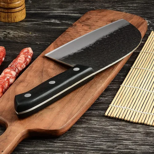 Vista 6 de Cuchillo de carnicero tradicional de 7 pulgadas, cuchillo de chef de acero de alto carbono, cuchillo serbio para cocina, campamento o barbacoa