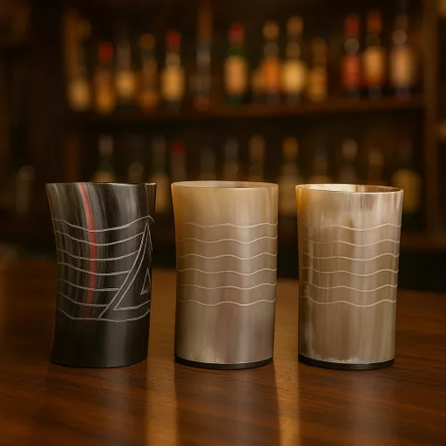 Vista 2 de Juego de 3 tazas de cuerno vikingo hechas a mano con soportes medievales Ale Mead, tazas de vino rústicas nórdicas para decoración de bar, fiesta