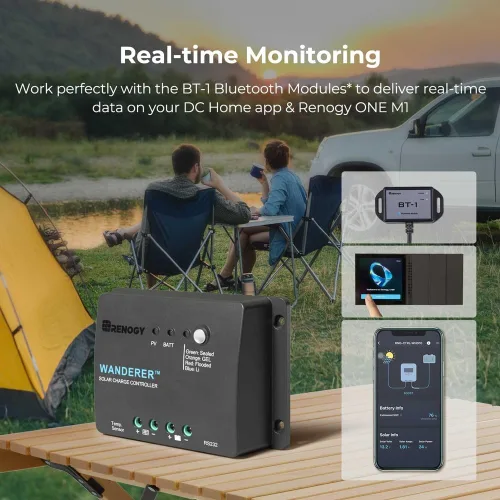 Vista 5 de Renogy - Kit básico de panel solar de 100W 12V, panel solar monocristalino de 100 vatios, controlador de carga PWM LCD de 30A, kit de adaptadores