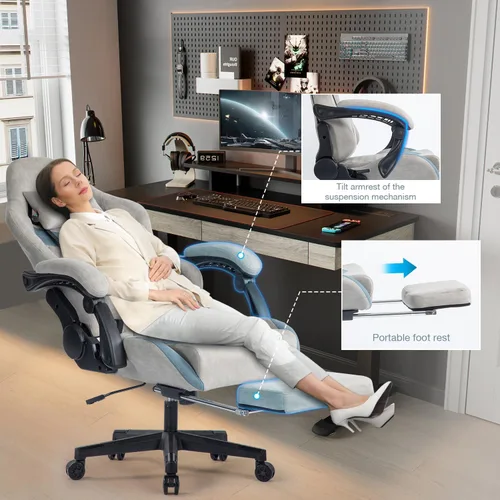 Vista 5 de Silla ergonómica para juegos con reposapiés, silla de oficina ajustable de capacidad de 330 libras con soporte lumbar y reposacabezas de tela