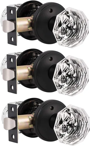 Vista 12 de Gobrico Pomo de puerta de cristal para dormitorio y baño con roseta clásica negro mate, diamante transparente octogonal para puerta interior, 1