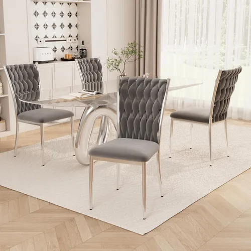Vista 9 de Juego de 2 sillas de comedor de terciopelo, modernas sillas de cocina tejidas con patas de metal dorado, cojín tapizado con respaldo alto