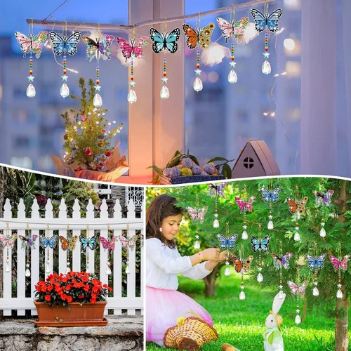 Vista 6 de Tradder Juego de 6 carillones de viento con diseño de diamantes de mariposa, decoración de árbol de verano, adornos de pintura de diamante 5D