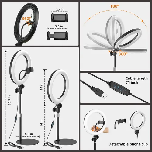 Vista 12 de Anillo de luz de escritorio de 10 pulgadas con soporte, iluminación de zoom con soporte para teléfono para computadora, videollamadas, conferencias