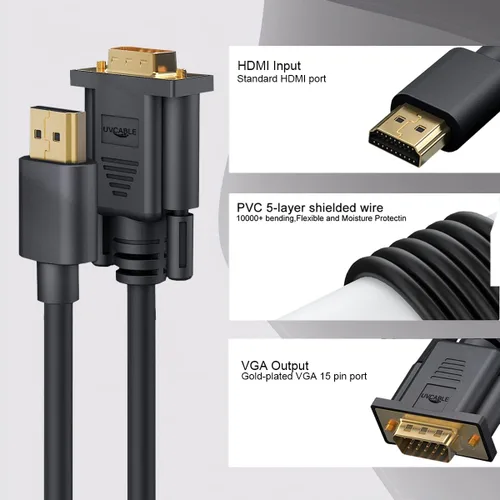 Vista 8 de Adaptador de cable HDMI a VGA, chapado en oro de 6 pies HDMI a VGA macho a macho para computadora, computadora de escritorio, laptop, PC, monitor