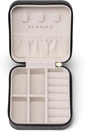 Vista 6 de Organizador de joyas Vlando para almacenaje y exhibición, joyero para viaje, imitación de piel, para anillos, aretes, collares., Negro, S