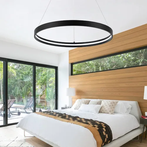 Vista 7 de Lámparas de araña LED modernas en negro, lámparas de araña LED contemporáneas regulables de 1 anillo, lámpara colgante LED moderna para sala