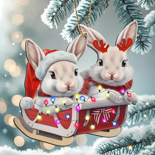 Vista 8 de Adornos de árbol de Navidad colgantes de conejo lindo con impresión en dos lados, madera, recuerdo para mujeres, hombres y amigos, adornos de árbol