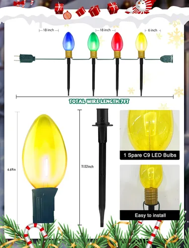 Vista 3 de C9 - Luces de camino de Navidad para exteriores, juego de 4 luces de Navidad para césped al aire libre con bombillas LED C9 transparentes multicolor