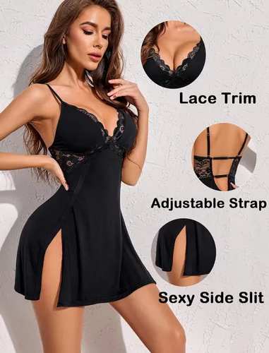 Vista 3 de Avidlove Lencería de encaje para mujer, camisón sexy, babydoll modal con abertura lateral, ropa de dormir