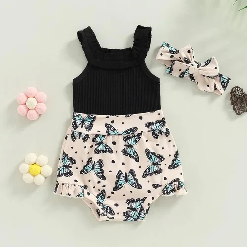 Vista 156 de TheFound Trajes de verano para niñas pequeñas, sin mangas, de punto acanalado, halter, pantalones cortos, ropa para recién nacidos, conjunto de 3