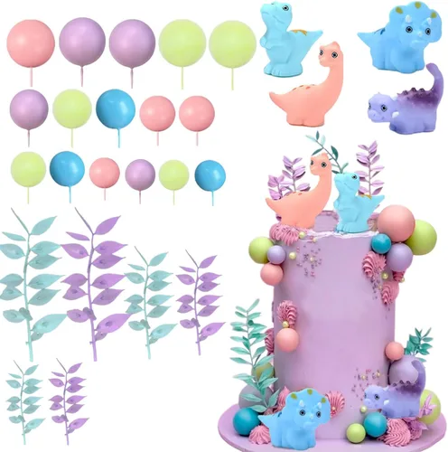 Vista 2 de Juego de adornos de dinosaurios para tartas con dinosaurios, rosa, morado, azul, para fiesta de cumpleaños