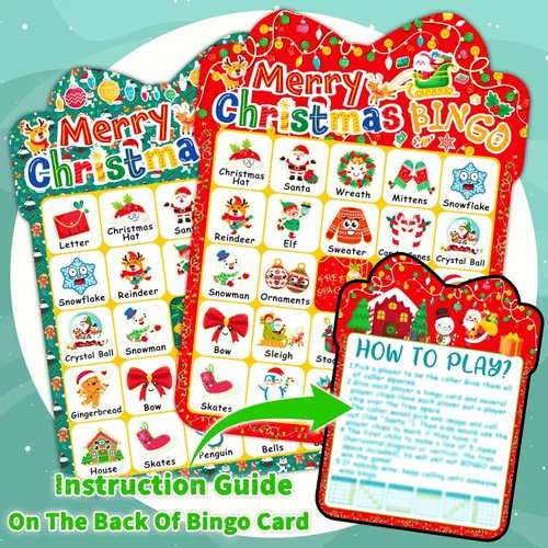 Vista 5 de 39 tarjetas de bingo de Navidad, 24 jugadores, lindo juego de bingo de Navidad para niños y adultos, suministros de fiesta, juegos familiares