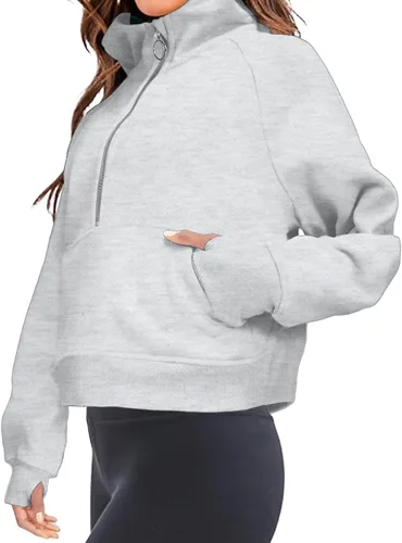 Vista 4 de FKEEP Womens Half Zip Hoodies Quarter Zipper Up Cropped Sweatshirt Long Sleeve Athletic Pullover Tops with Thumb Hole