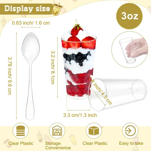 Vista 3 de Chengu Mini vasos de postre de plástico transparente de 3 onzas con cucharas, tazas redondas de postre para parfait, vasos de chupito de aperitivo
