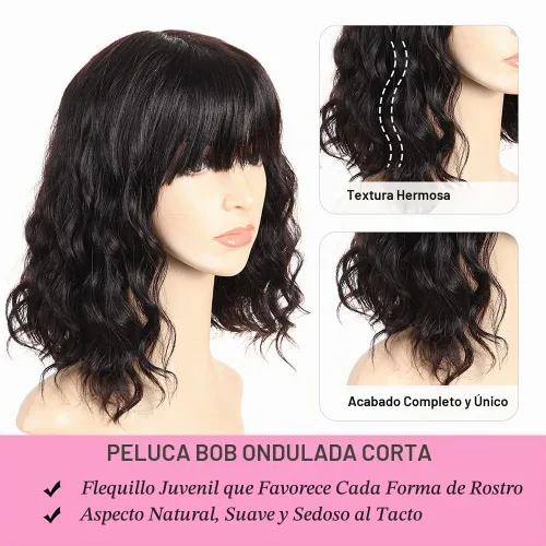 Vista 2 de PANEWAY Pelucas de cabello humano corto con flequillo, pelucas de cabello humano virgen brasileño ondulado para mujeres negras y blancas, pelucas