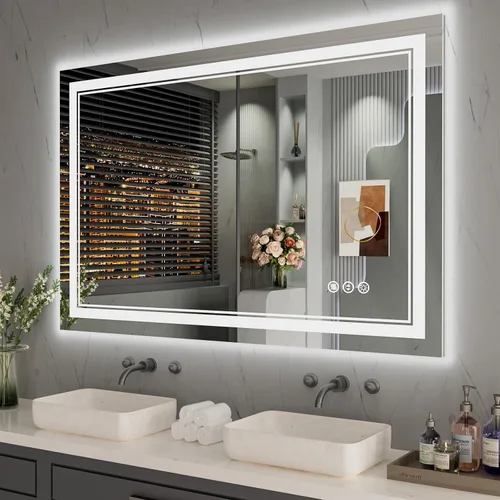 Vista 21 de Espejo de baño LED de 24 x 28 pulgadas, luz frontal y retroiluminada, antiniebla, regulable, espejo de tocador iluminado con memoria, espejo LED