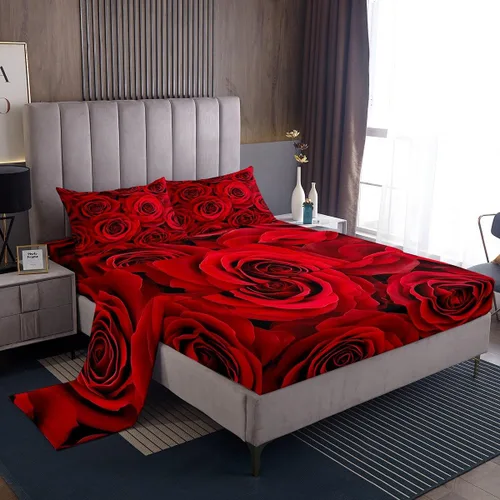 Vista 13 de Juego de sábanas de rosas rojas, tamaño individual, juego de sábanas florales de color rojo degradado y negro para niñas, mujeres, niños