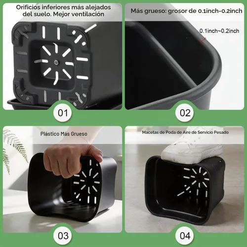 Vista 3 de Paquete de 6 macetas cuadradas de 8 pulgadas, macetas cuadradas resistentes con drenaje y platillos Negro