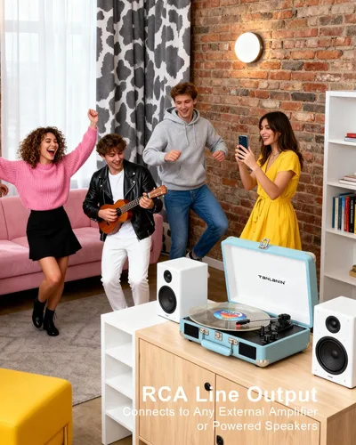 Vista 9 de Tocadiscos de maleta Bluetooth con altavoces integrados, control de graves y agudos, tocadiscos de transmisión por correa de 3 velocidades