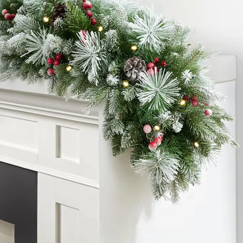 Vista 9 de Guirnalda de Navidad artificial preiluminada de 9 pies con 50 luces LED, funciona con pilas, decoraciones navideñas con rama de 300 puntas
