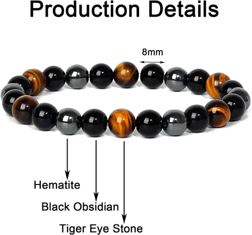 Vista 4 de FINZOR 10 pulseras de triple protección de hematita obsidiana negra ojo de tigre pulseras de cuentas para hombres y mujeres alivio del estrés