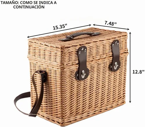 Vista 2 de Cesta de picnic de mimbre, cesta de almacenamiento rectangular con correa de transporte para camping, viajes, fiesta