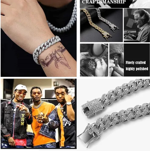 Vista 2 de Honsny Cadena de eslabones cubanos para hombres y mujeres de 0.512in, pulsera de eslabones cubanos helados para hombres, niños y niñas, collar