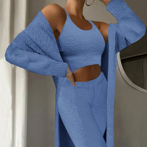 Vista 2 de VamJump Conjunto de 3 piezas para mujer, con cuello redondo, pantalones de cintura alta, cárdigan abierto al frente, conjunto de cárdigan