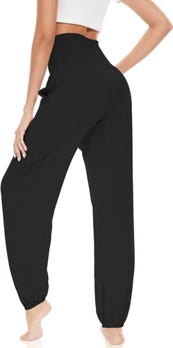 Vista 3 de UEU Pantalones tipo harén de baile de cintura alta con volantes fruncidos para mujer, con bolsillos, suaves, cómodos, pantalones de yoga, pijamas