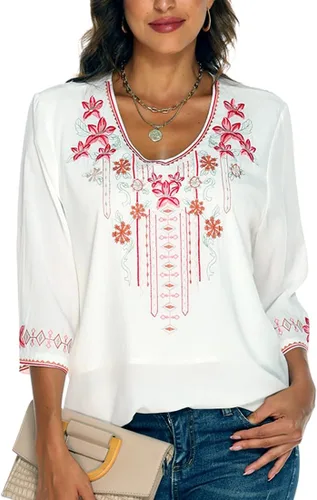 Vista 7 de AK Women's Boho Embroidered Tops 3/4 Sleeve Mexican Peasant Shirts Bohemian Loose Tunic Blouses 355-negro