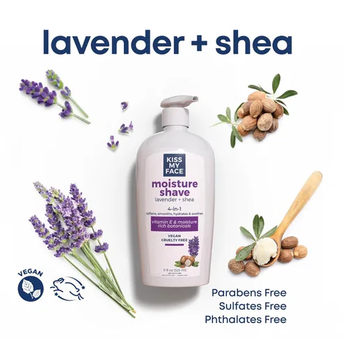 Vista 2 de Kiss My Face Crema de afeitar humectante, crema de afeitar para hombres y mujeres, botella con bomba de 11 onzas, lavanda y karité, paquete de 4