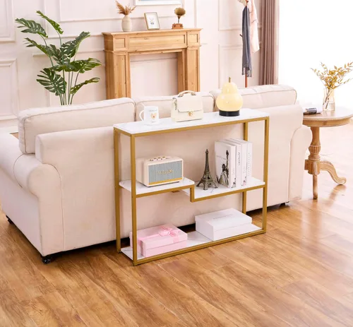Vista 7 de loglus Mesa consola para entrada, Mesa de sofá de MDF de mármol sintético con marco dorado (Multicapa, Mármol Blanco)