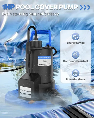 Vista 5 de Bomba automática de cubierta de piscina, bomba de agua sumergible de 1 HP 5000 GPH con válvula de retención y 3 adaptadores, cable de 29.5 pies