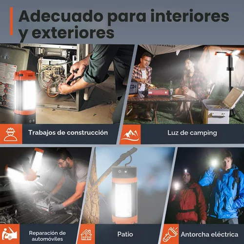 Vista 8 de Luz de campamento recargable de 12000 mAh con soporte ajustable, luz de trabajo inalámbrica con 3 cabezales de lámpara LED, linterna de emergencia