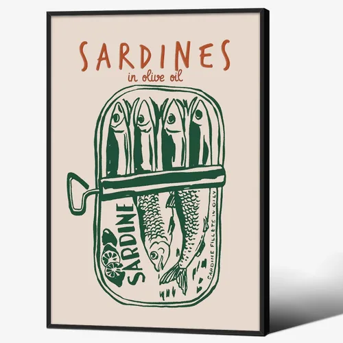 Vista 13 de Impresiones de Sardinas - Pósteres de pared de cocina de moda, diseño de rayas verdes, retro y moderna, estética de alimentos para el hogar