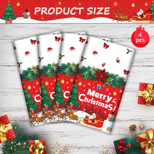 Vista 5 de Paquete de 4 manteles de Navidad para fiesta de Navidad, decoración de fiesta de Navidad, cubierta de mesa de Navidad con árbol de Navidad y copo