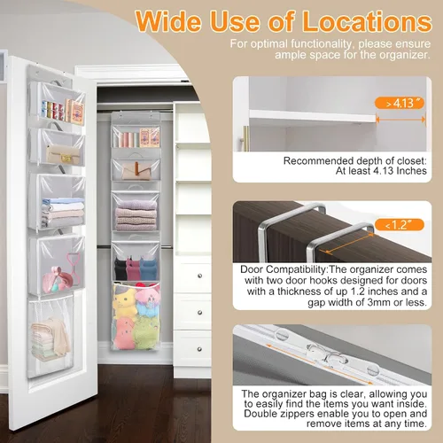 Vista 2 de Woodoulogy Organizador y almacenamiento para colocar sobre la puerta, soporte de juguetes colgante con 4 bolsas extraíbles transparentes, funda